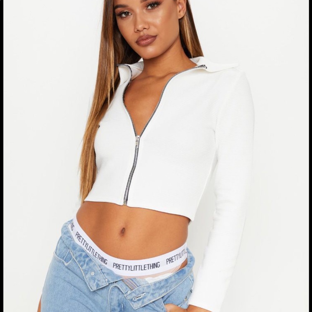Cream ribbed zip up crop top